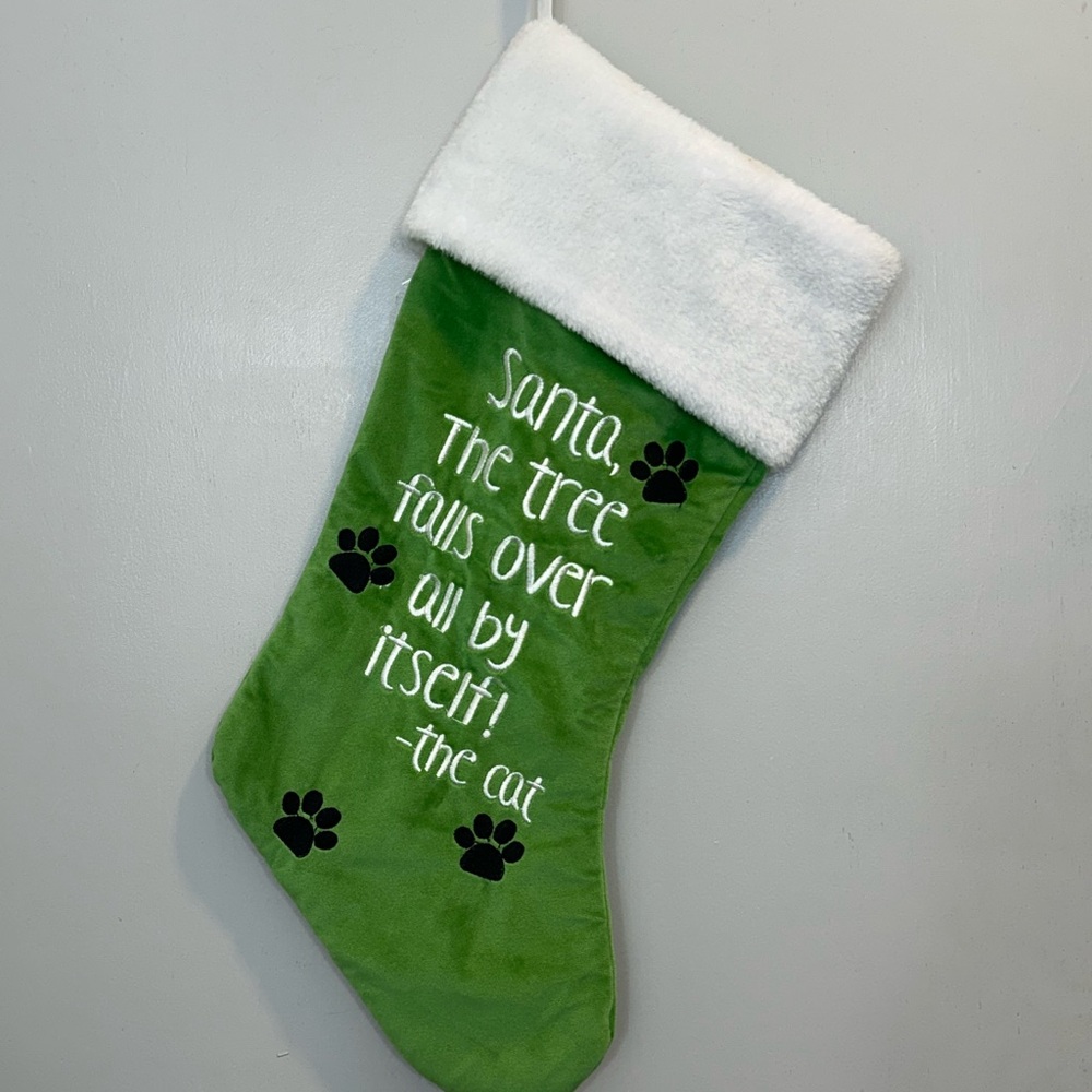 Christmas Cat Stocking with Funny Quote and Paw Prints Design 17in Long Green